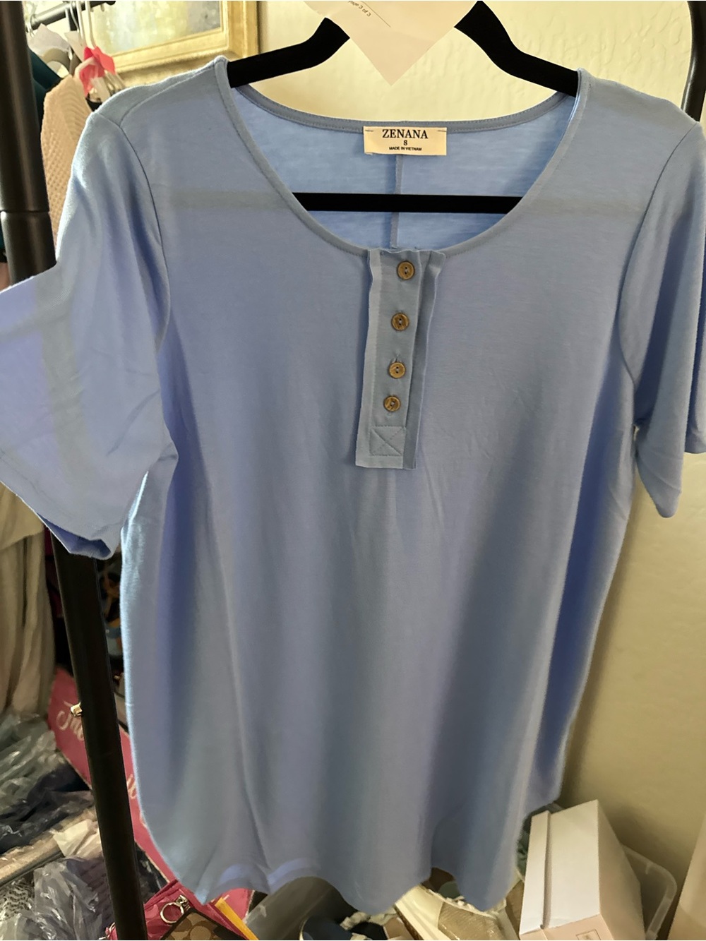 Zenana Outfitters Sky Blue Short Sleeve Henley Tee